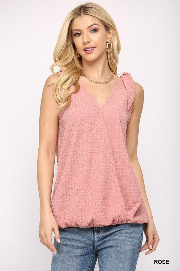 Solid Textured And Sleeveless Surplice Top With Shoulder Tie sneakerhypesusa