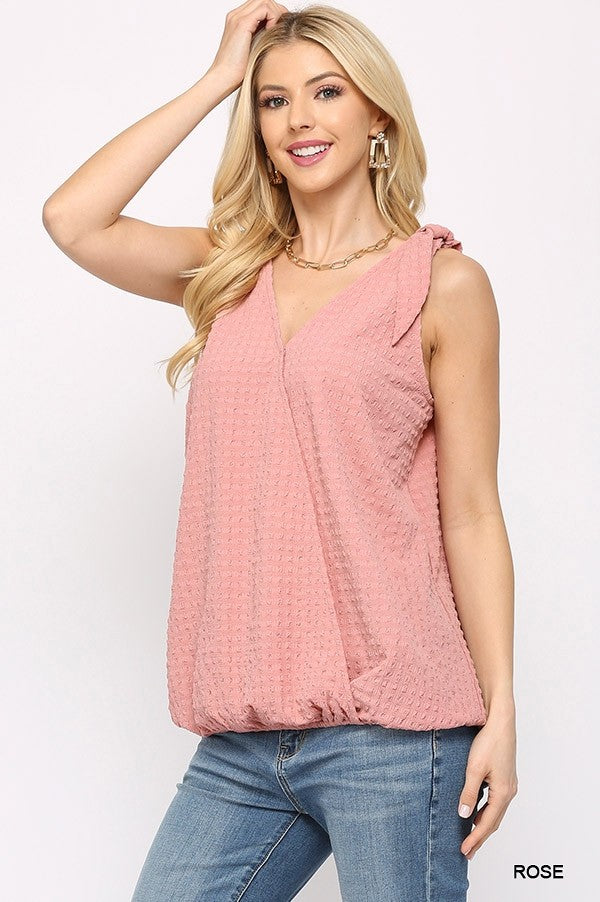 Solid Textured And Sleeveless Surplice Top With Shoulder Tie sneakerhypesusa
