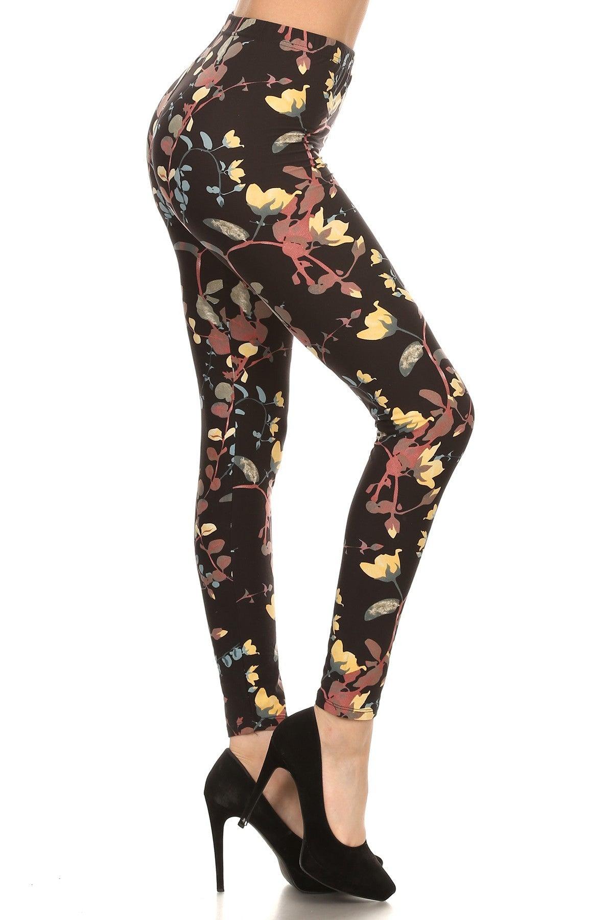 Vine Printed High Waisted Knit Leggings In Skinny Fit With Elastic Waistband - sneakerhypesusa