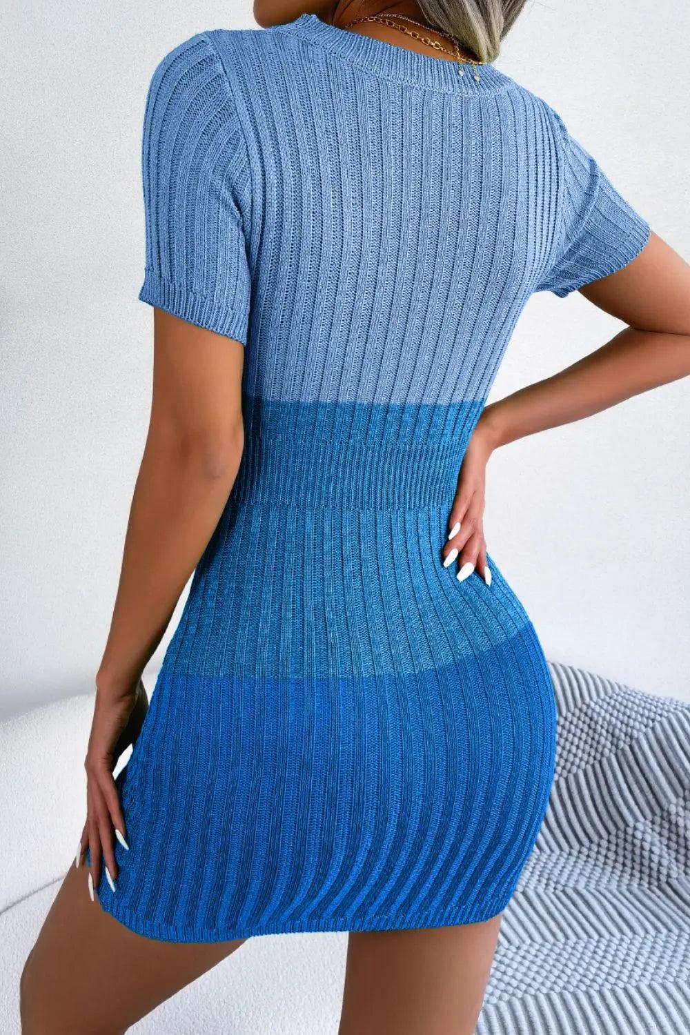 Color Block Cutout Short Sleeve Sweater Dress - sneakerhypesusa