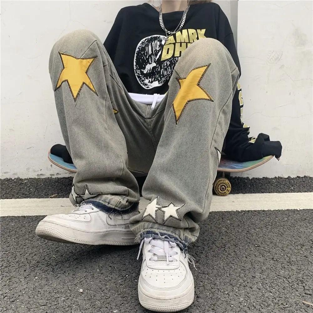 Jeans Oversized American Jeans Men's Spring Autumn High Street Hip Hop Style Embroidered Stars Whiskers Straight Loose Pants - sneakerhypesusa
