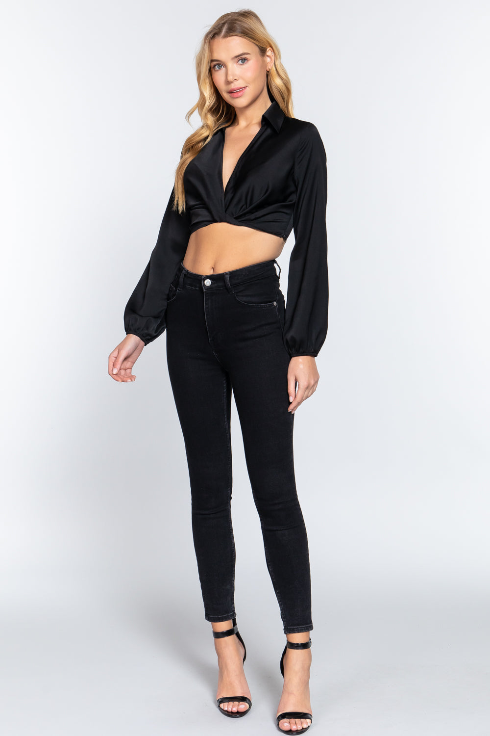 Long Sleeve Notched Collar Front Twisted Detail Crop Woven Top sneakerhypesusa