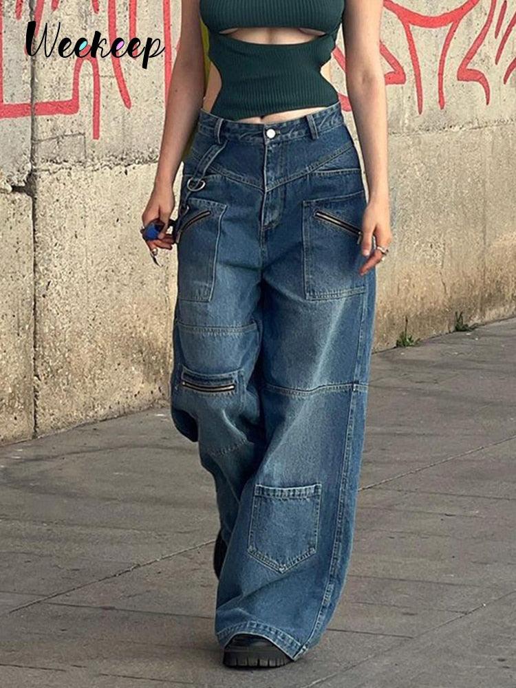 Streetwear Jeans Women Low Waist Button Up Straight Pants - sneakerhypesusa